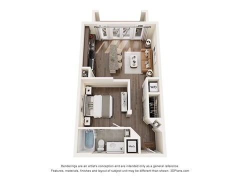 Floor plan for 1 bed, 1 bath, 615 sqft